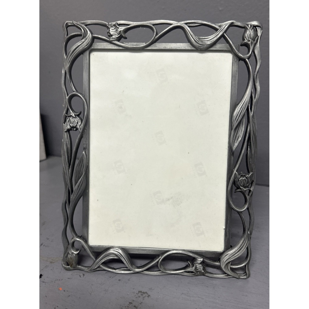 Vintage Pewter Picture Frame Ornate Art Nouveau Floral Bud Vine 5x7